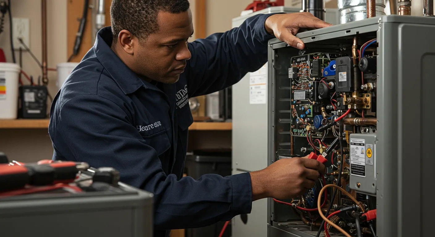 Technician repairs heating system, examining internal components of boiler unit
