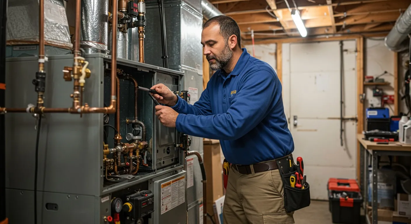 Technician repairing internal components of a heating system or boiler