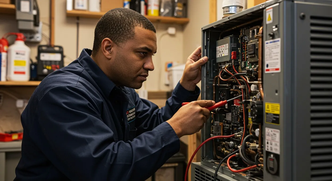 Technician checking water heater connections with adjustable wrench