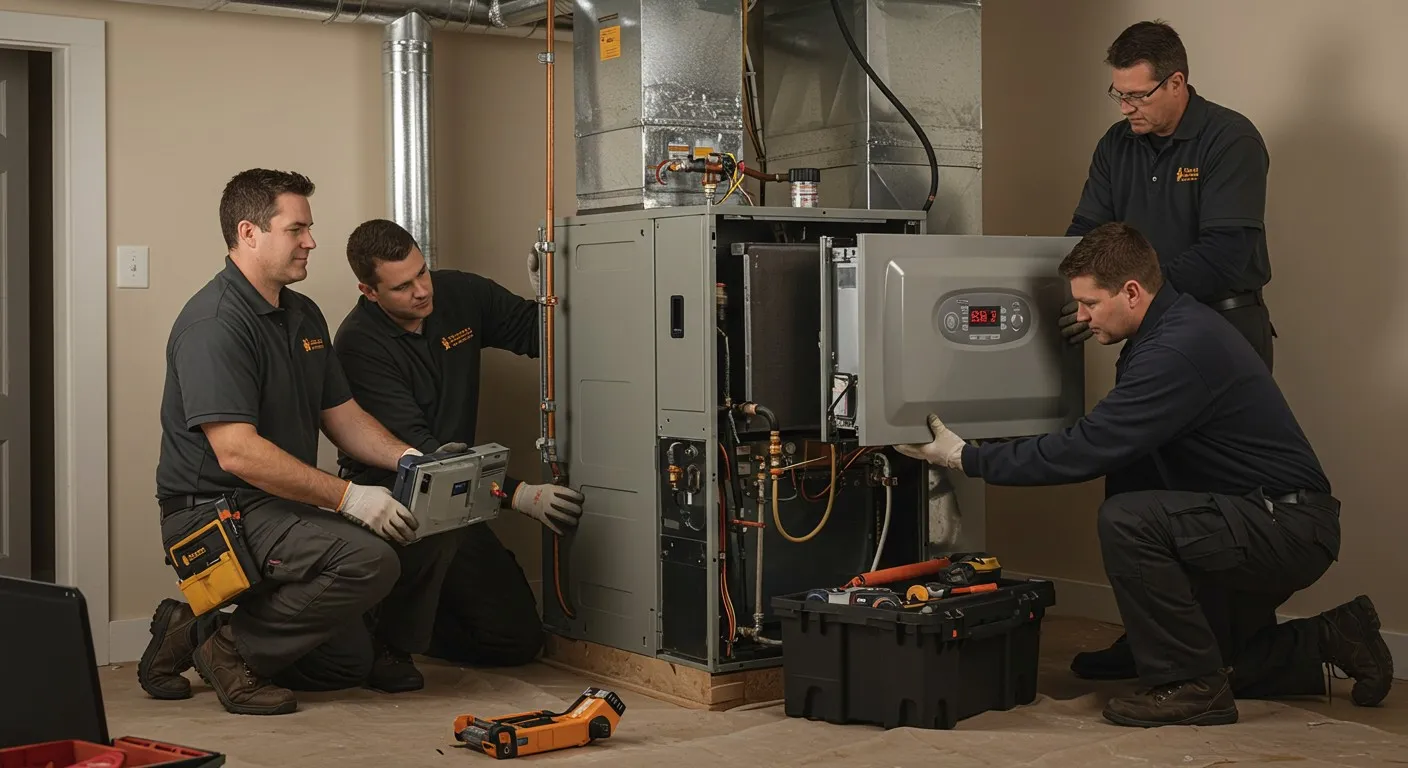 Technician checking pressure gauges on HVAC system maintenance