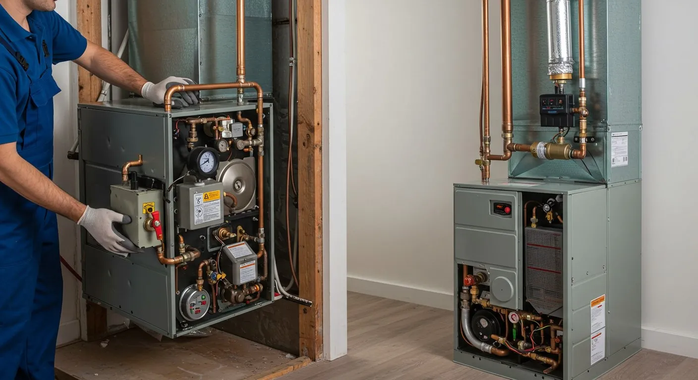 Technician checking water heater connections and controls