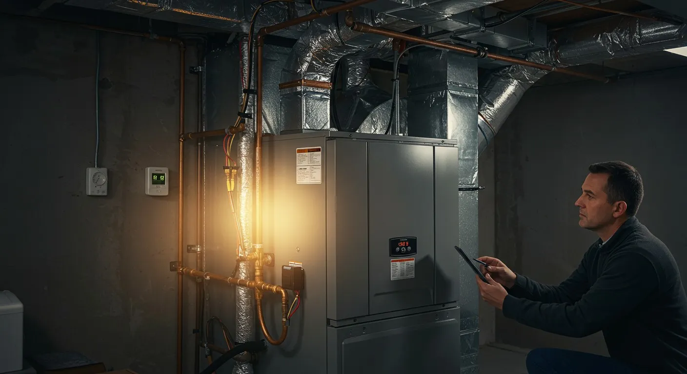 Technician repairing internal components of a water heater or boiler system
