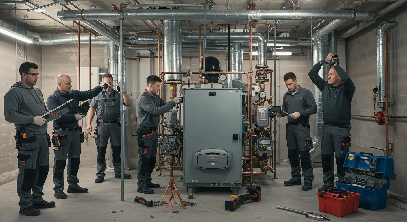 Technician adjusting settings on a wall-mounted water heater