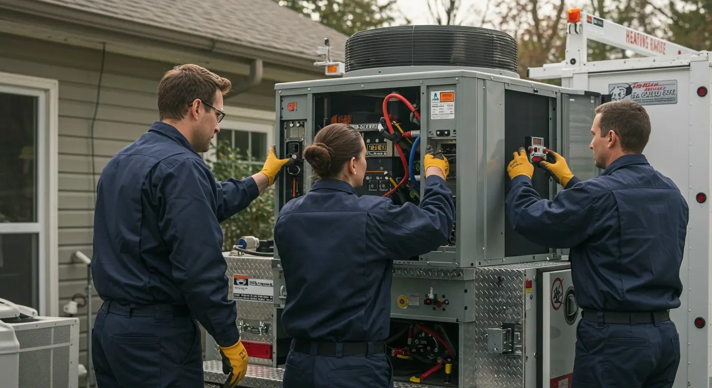 Technician repairing internal components of a water heater or boiler system
