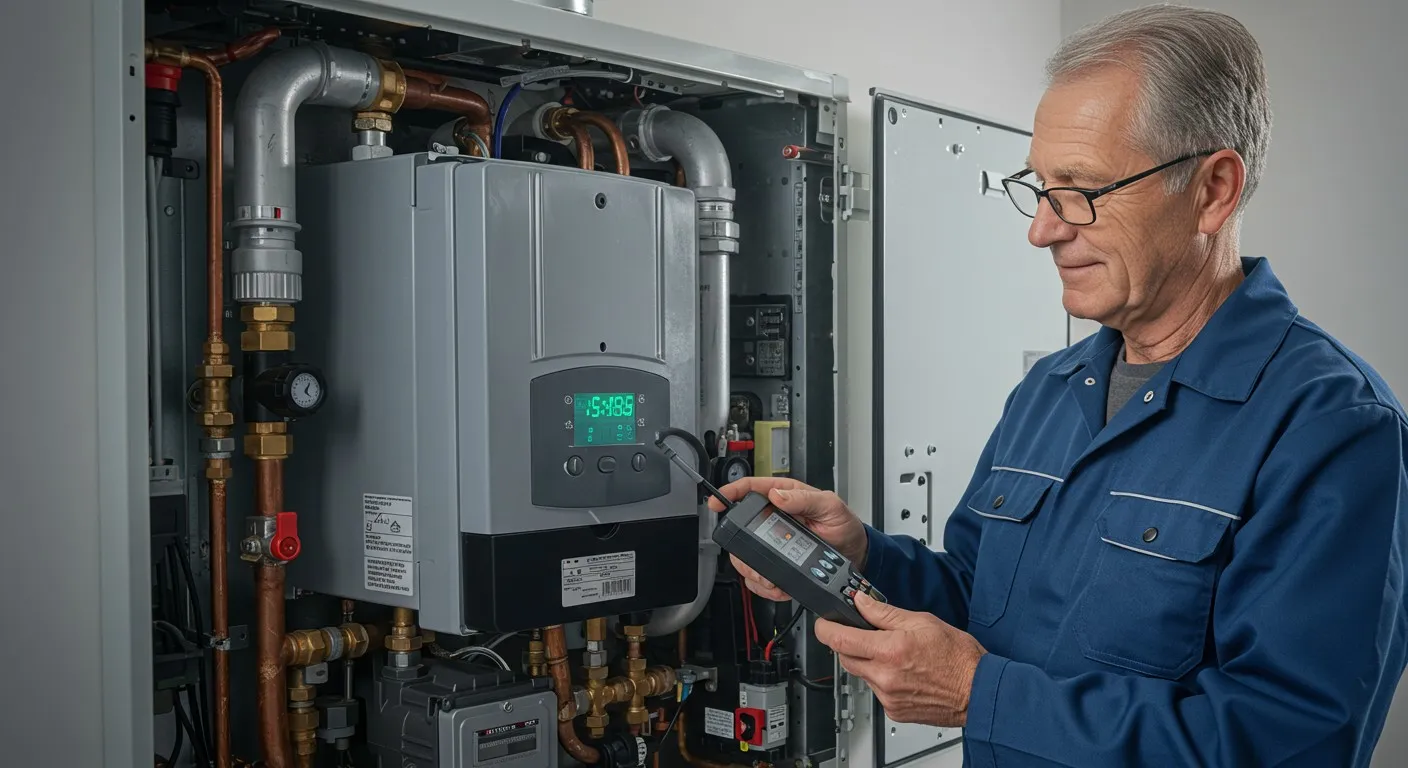 Technician repairing internal components of a water heater or boiler system