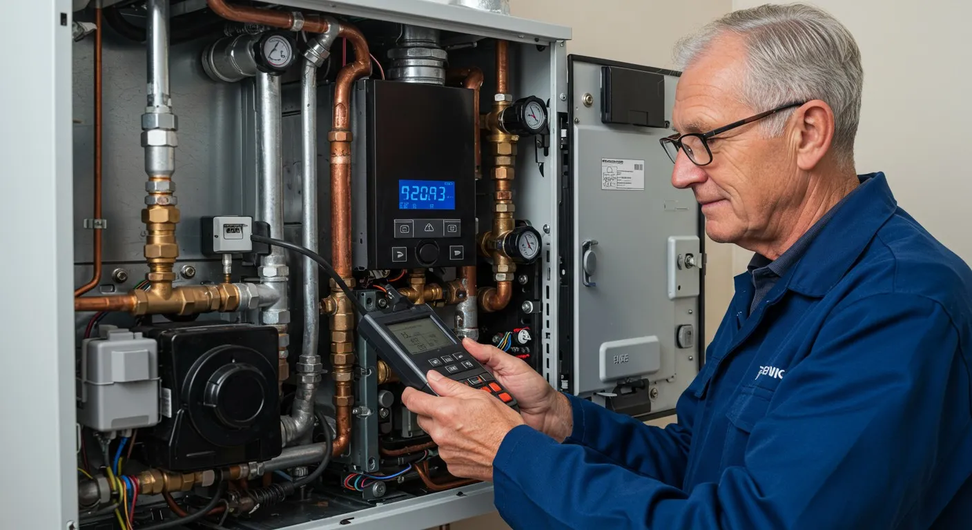 Technician repairing heating system with tools inside panel
