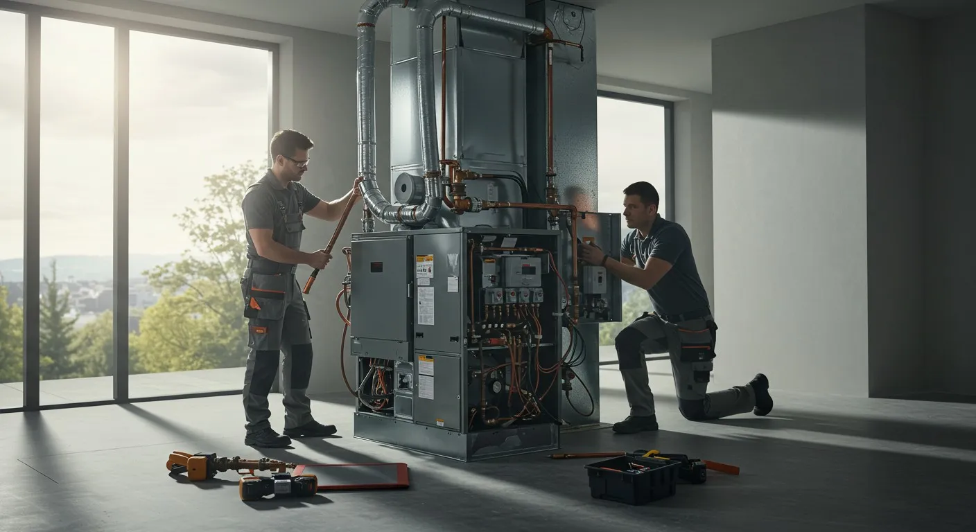 Plumber in hard hat and gloves installing pipes and connections