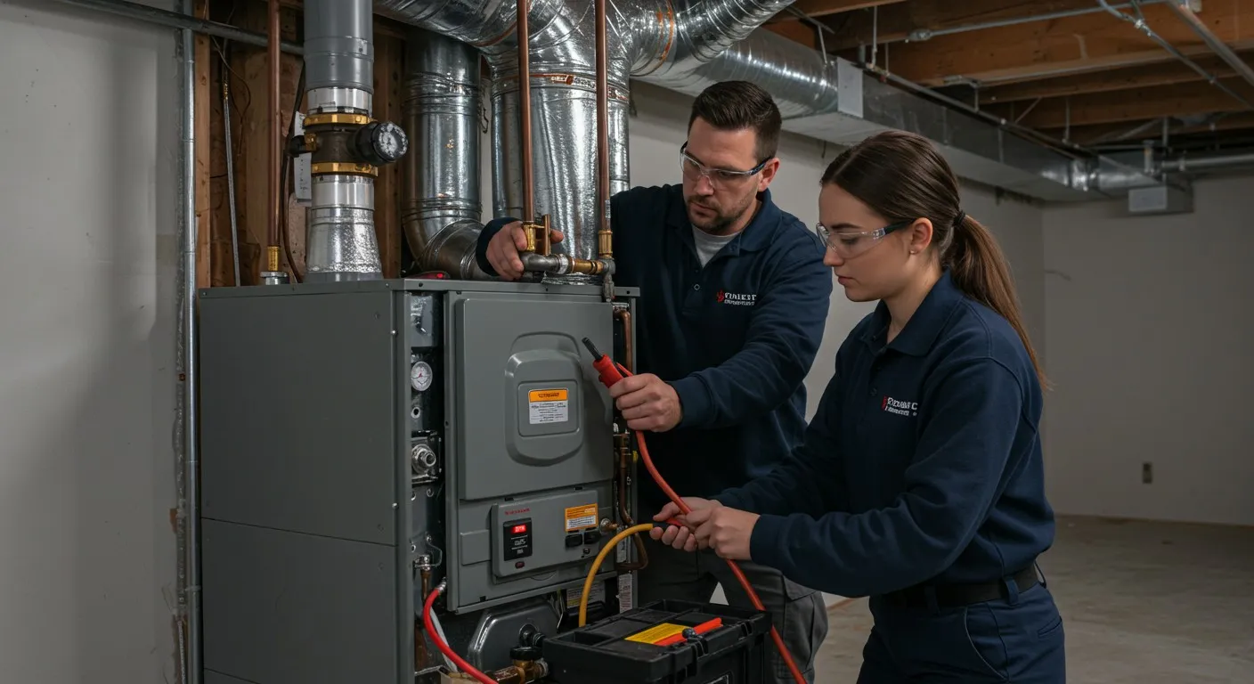 Technician repairing internal components of a white electrical or heating system