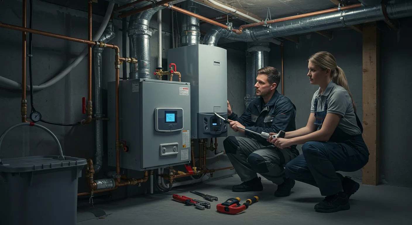 Hands in gloves adjusting industrial machinery or plumbing connection