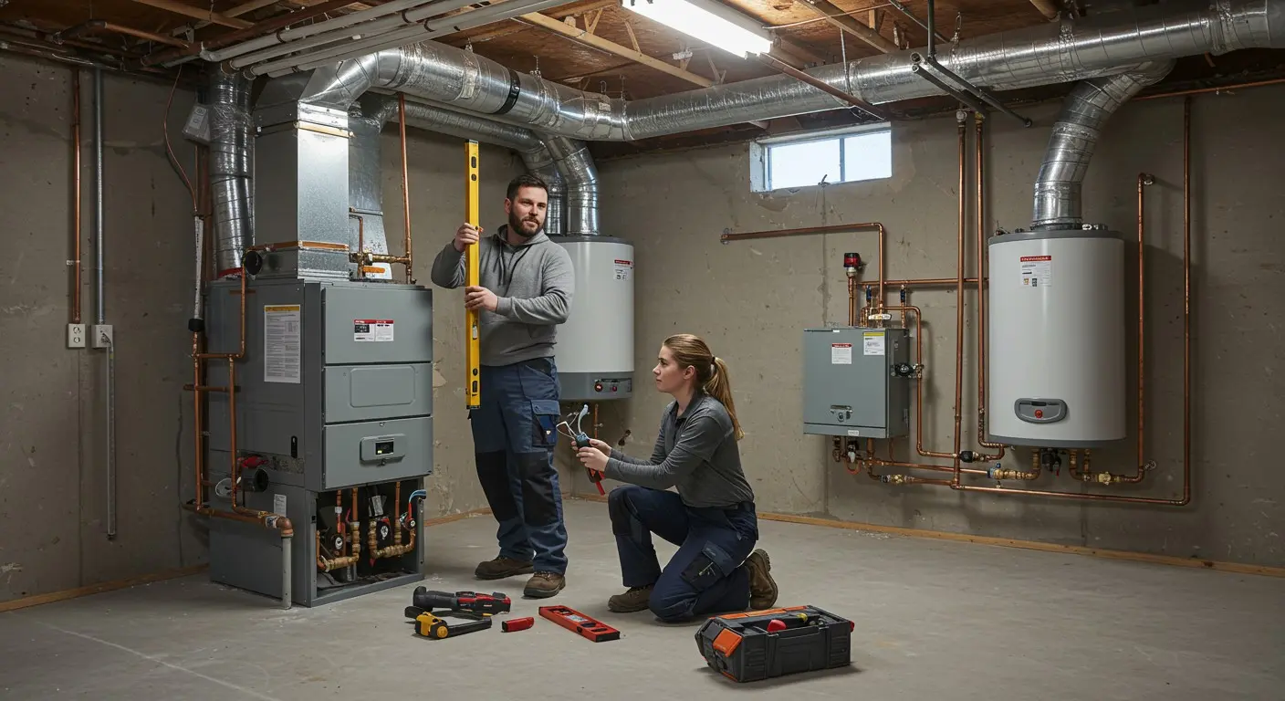 Plumber in hard hat fixing pipes and connections on industrial equipment