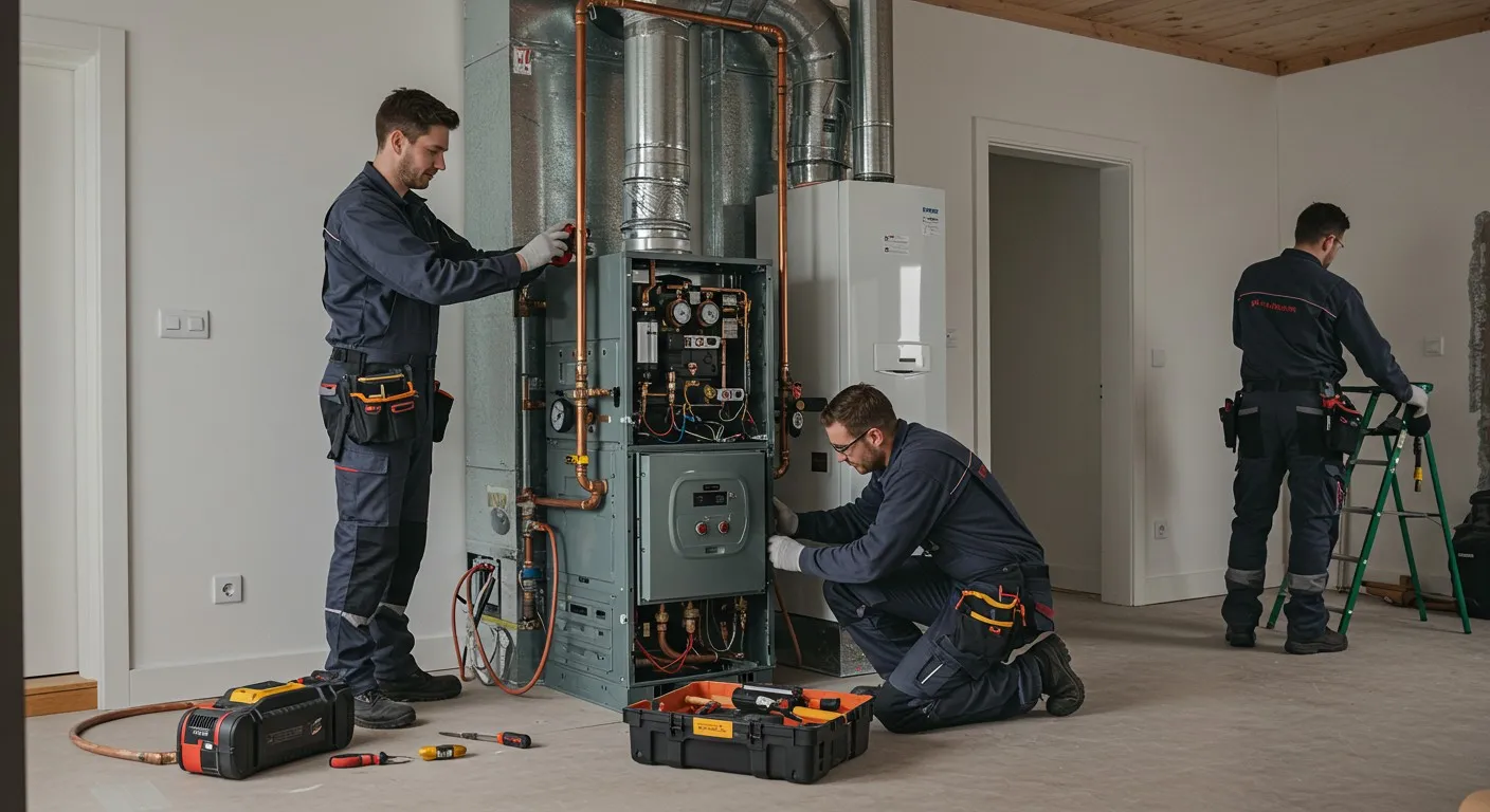 Technician adjusting water heater with wrench near control panel