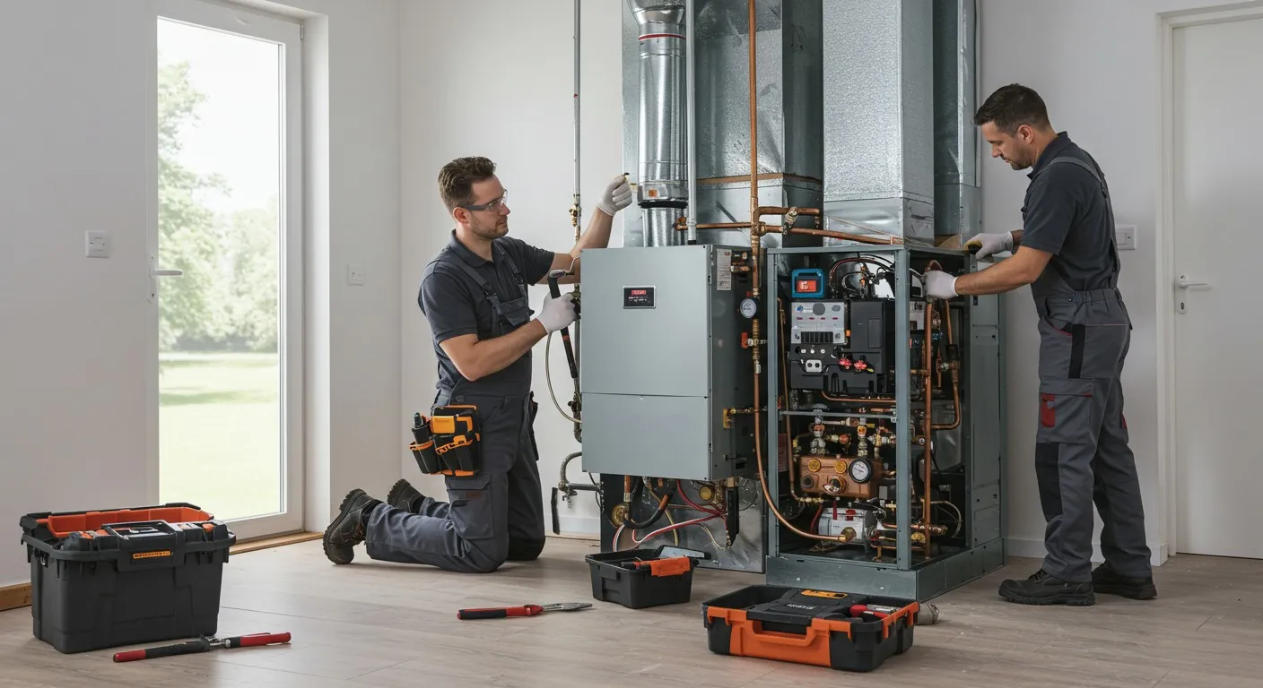 Technician checking pressure gauges on HVAC system maintenance