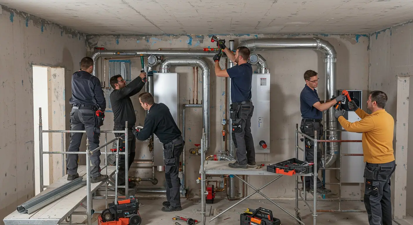 Technician repairing internal components of a white electrical or heating system