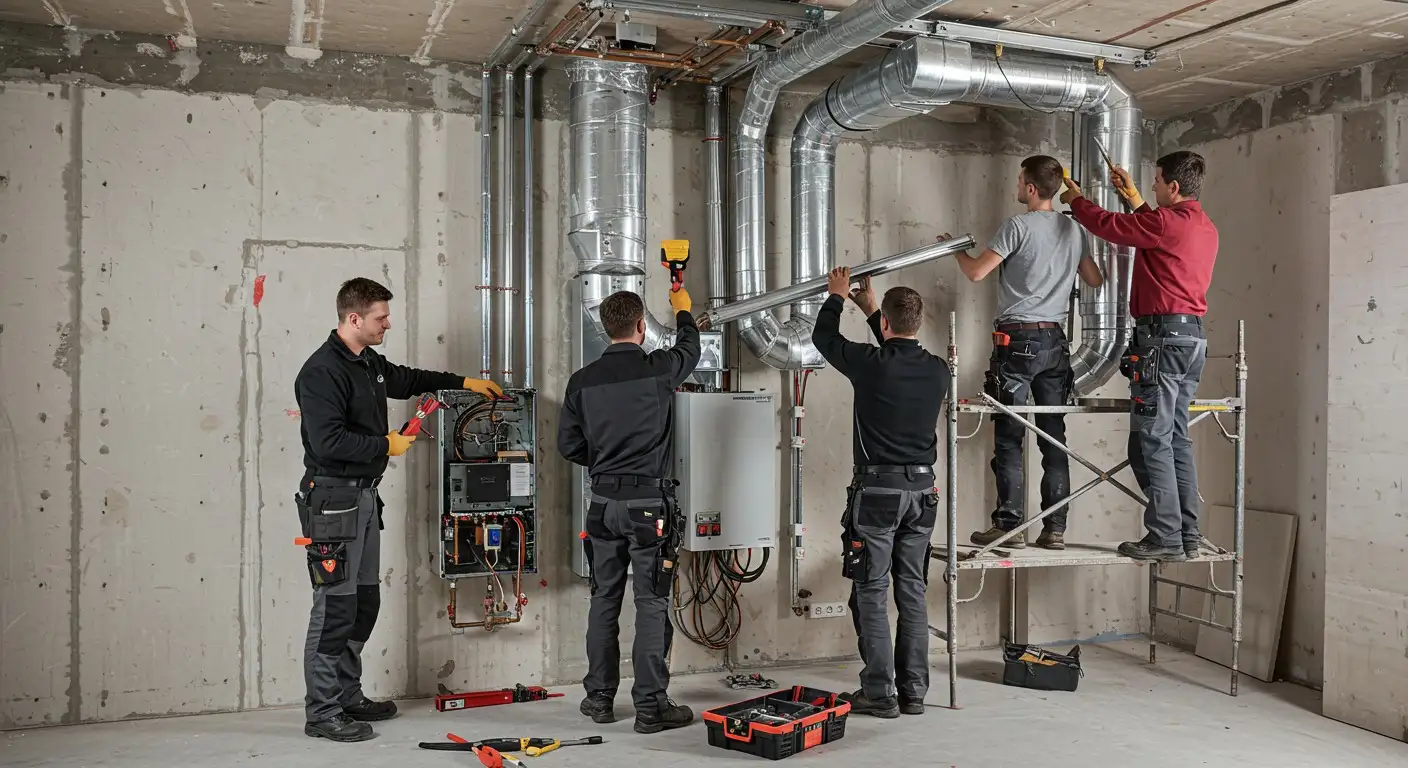 Plumber in hard hat installing pipes and connections for water system
