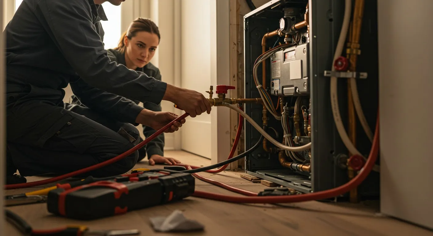 Hand adjusting temperature controls on a white electric water heater