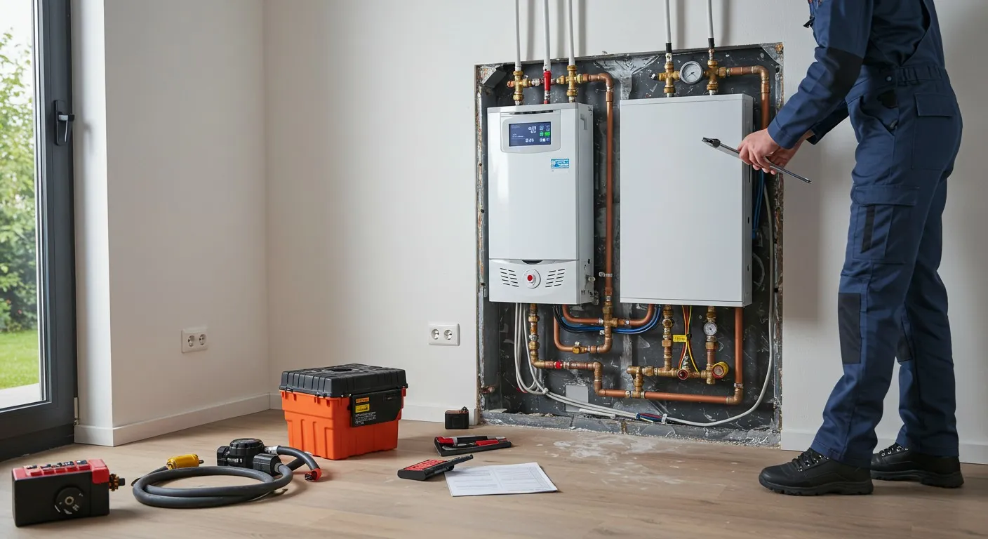 Plumber's hand adjusting copper pipes and valves in mechanical system