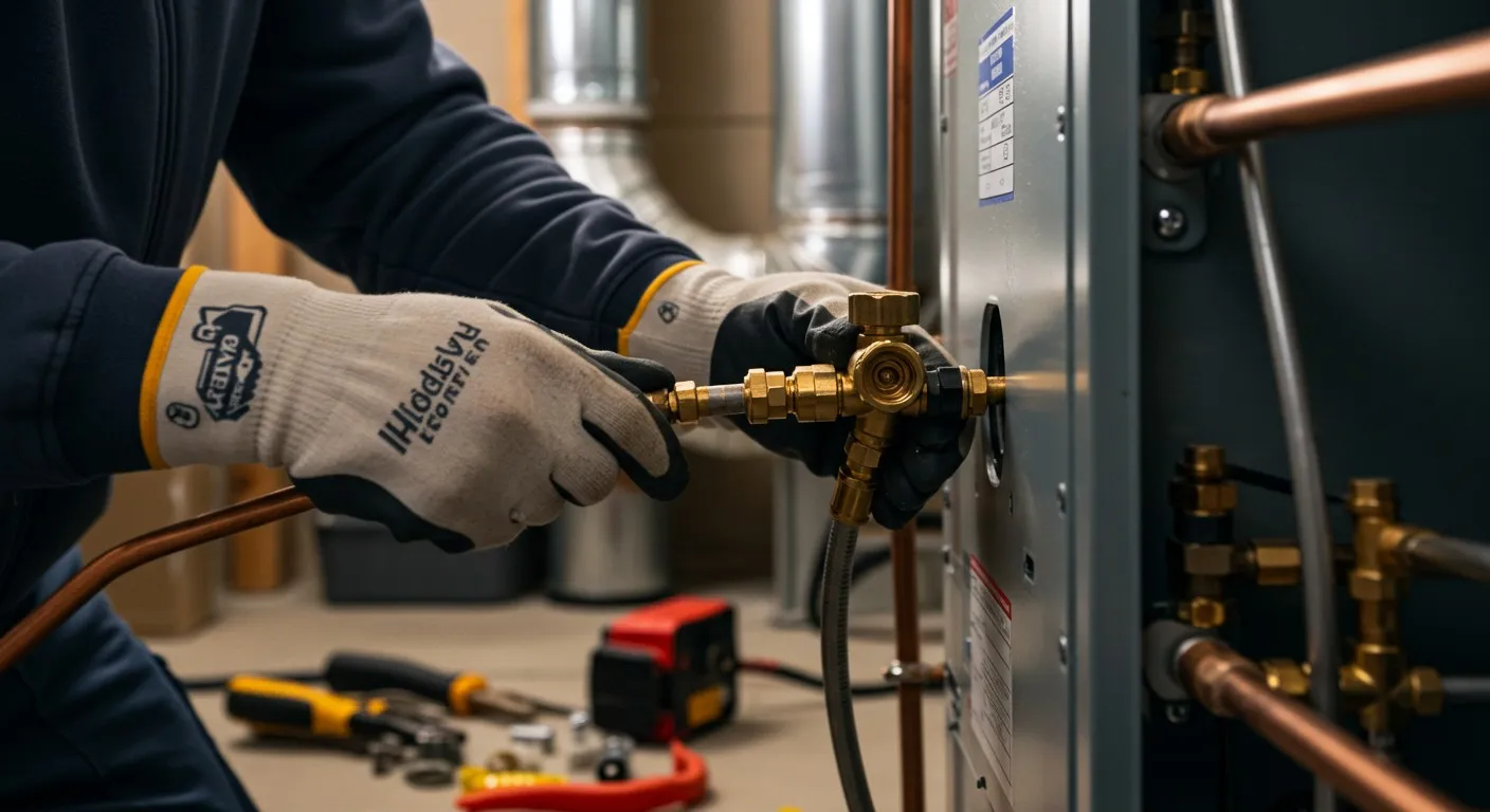 Technician repairing a water heater with copper pipes and tools