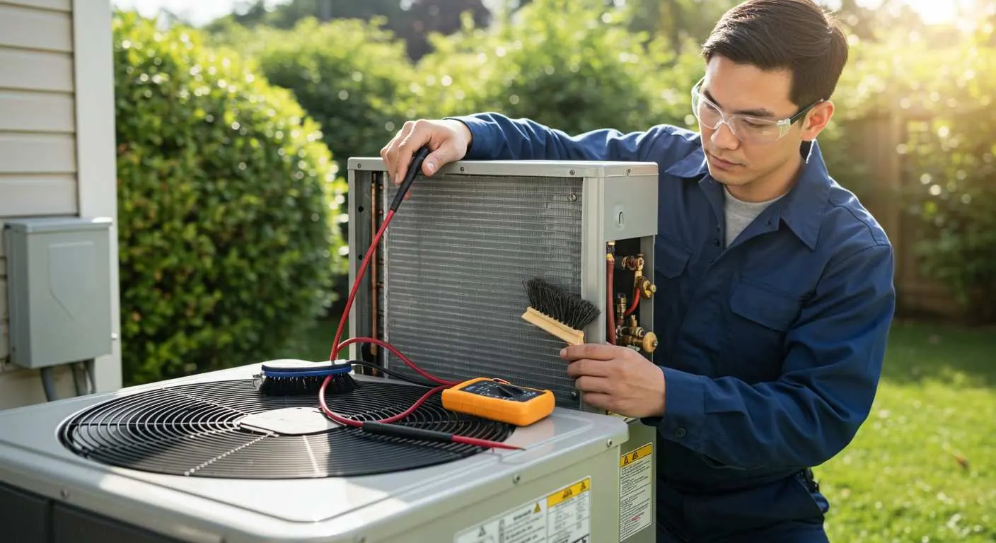 A young male HVAC technician in a blue uniform and safety glasses is performing maintenance on an outdoor heat pump. He is using a brush to clean the fins and has a digital multimeter resting on top of the unit