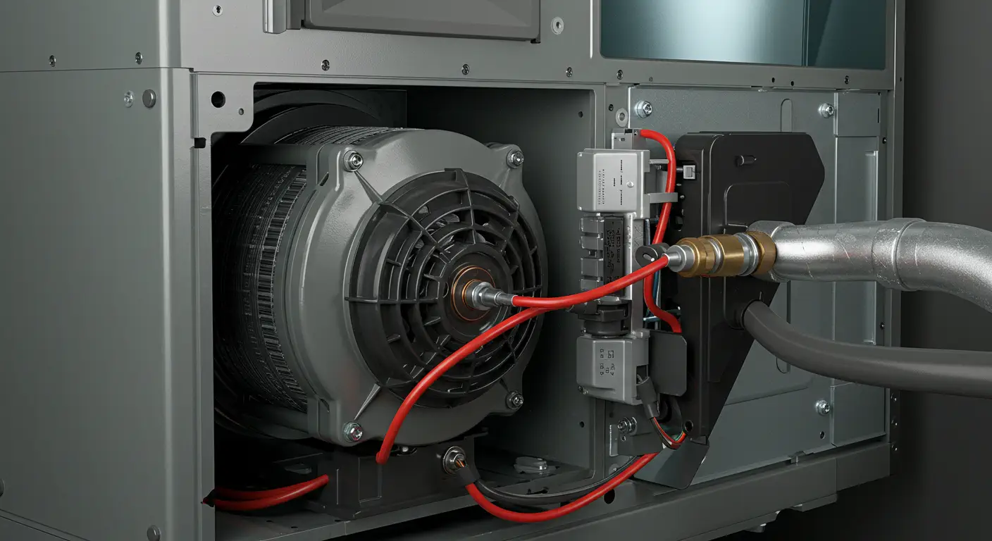  A close-up view of the interior components of a modern HVAC unit, showing a large blower fan and various wires and pipes.