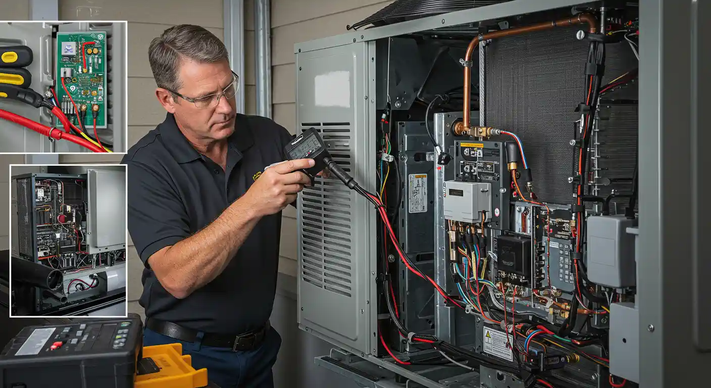 A professional HVAC technician in a dark polo shirt and glasses works on the internal components of an outdoor unit, using a meter to take a reading. Insets show close-ups of a circuit board and the internal machinery.