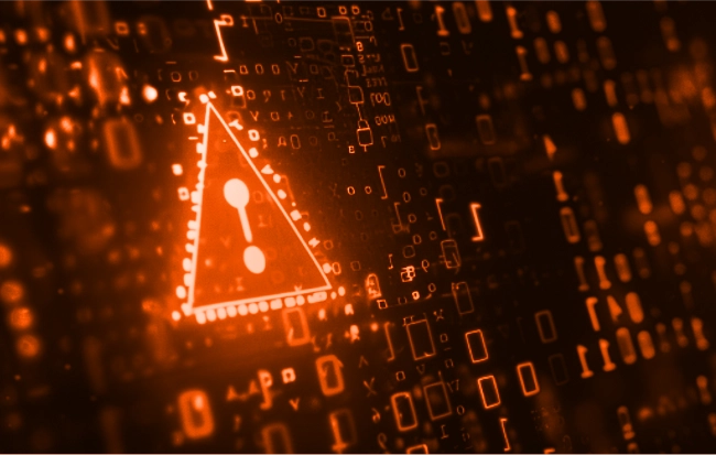 Digital warning symbol on a futuristic cyber background