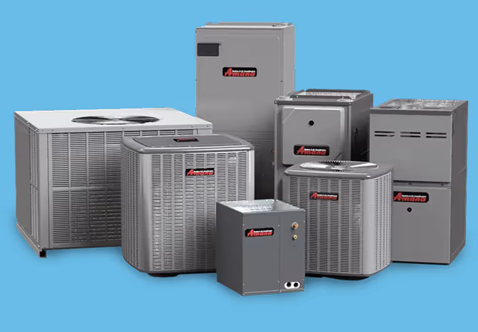 Various Amana HVAC units including air conditioners and furnaces