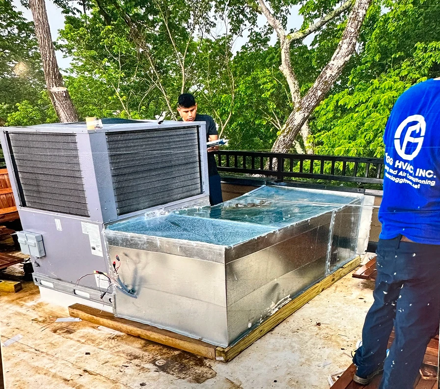 Industrial water tank installation on wooden platform with trees in background