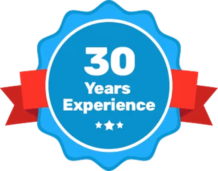 Blue and red badge celebrating 30 years of professional experience