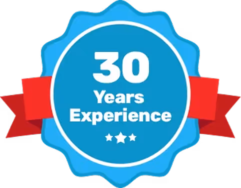 Blue badge celebrating 30 years of professional experience
