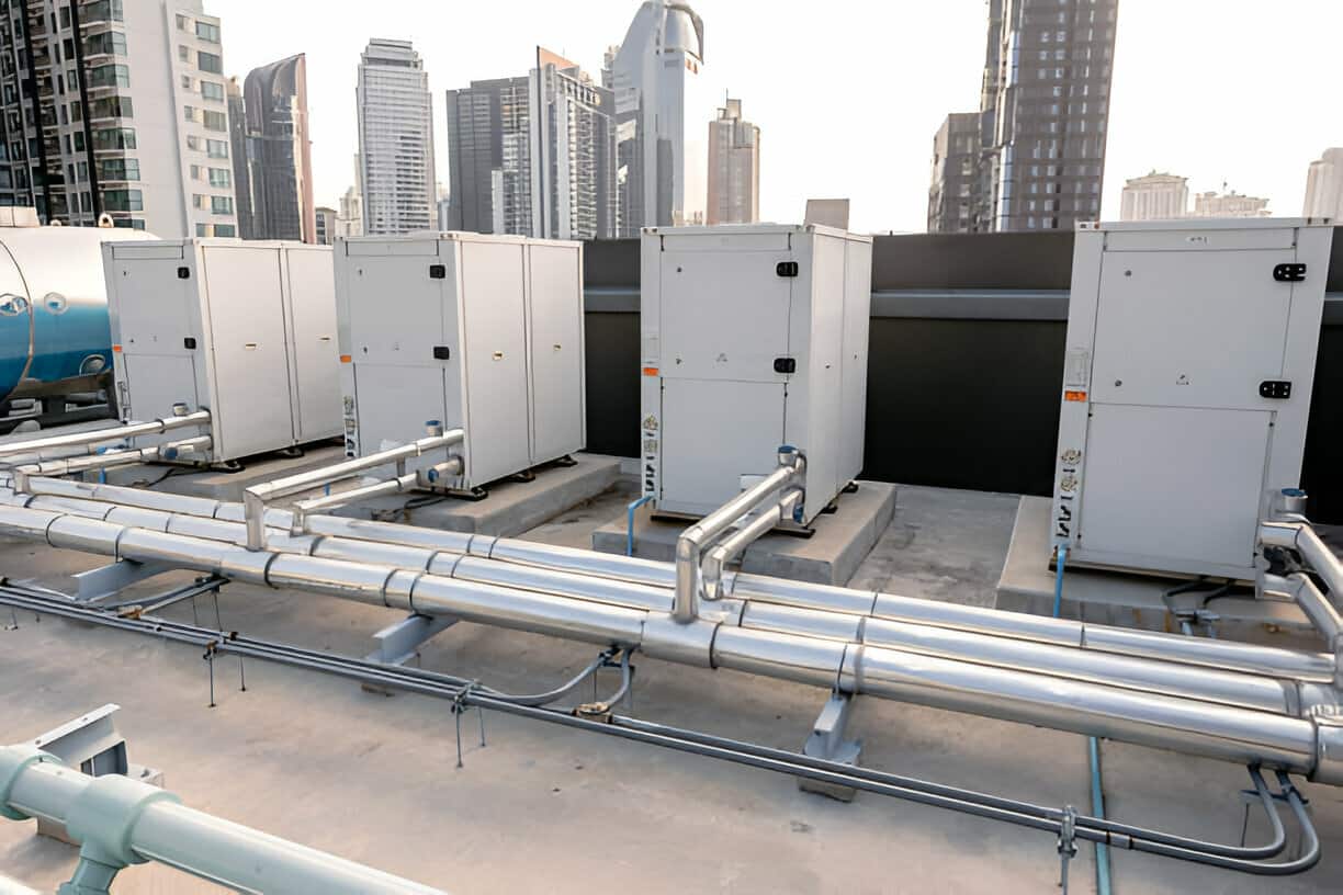 Industrial cooling units on rooftop with city skyscrapers in background