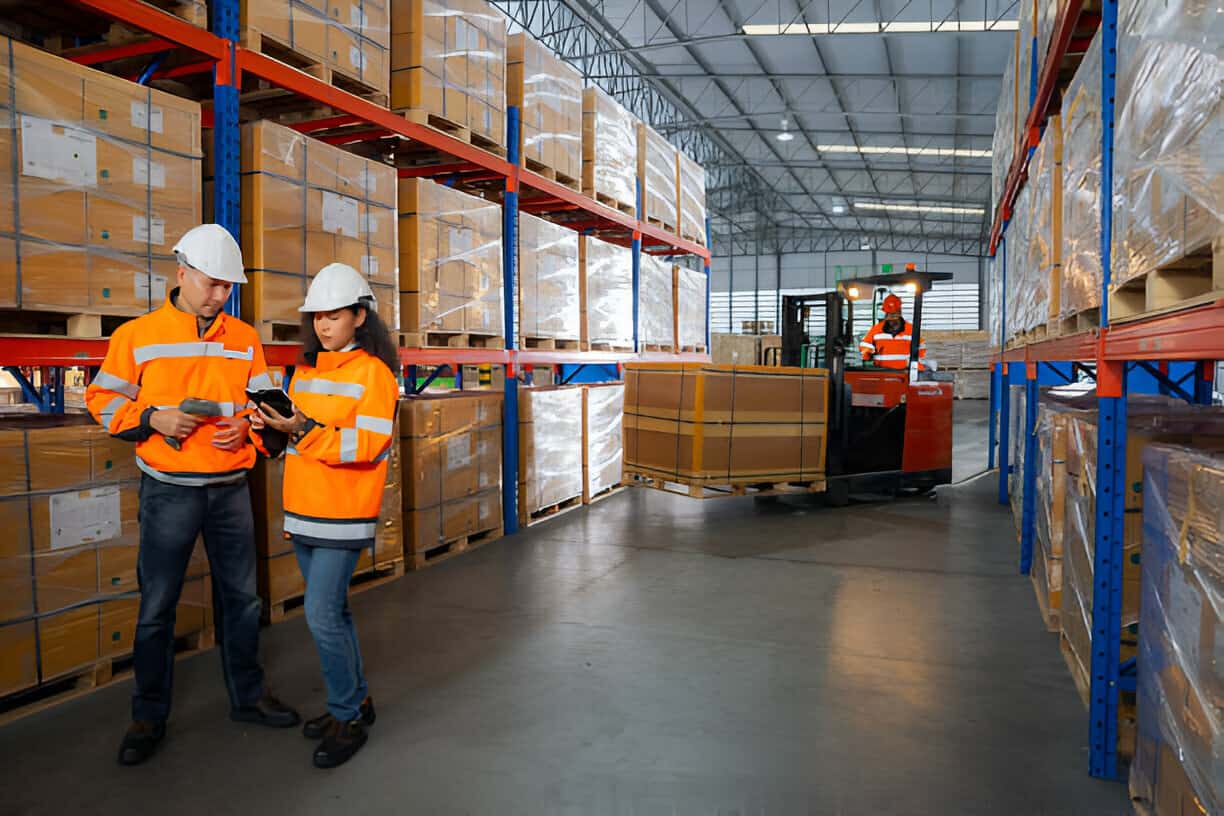 Workers in orange vests checking inventory in large warehouse with shelves and forklift