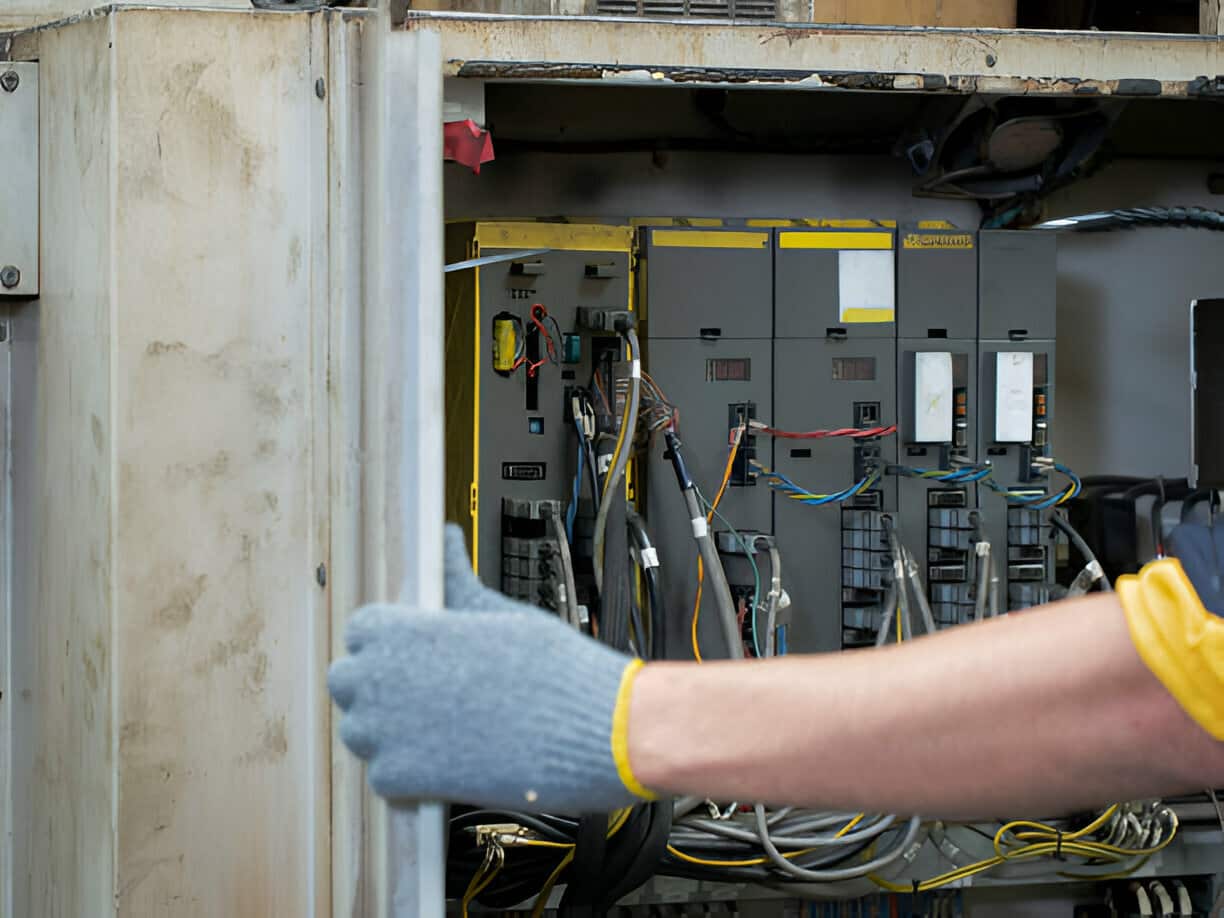 Electrical technician working on industrial control panel with exposed wiring