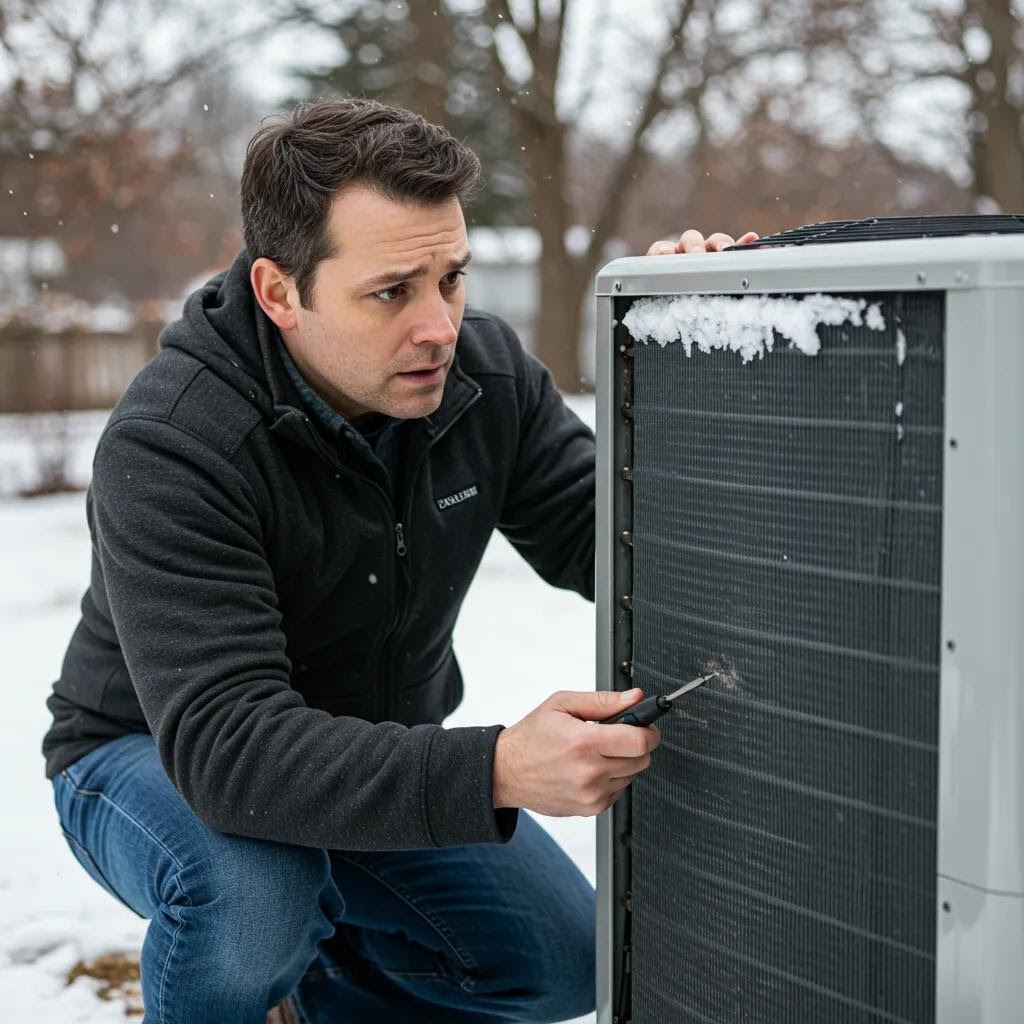 Homeowner inspecting a heat pump unit for ice buildup in a winter setting