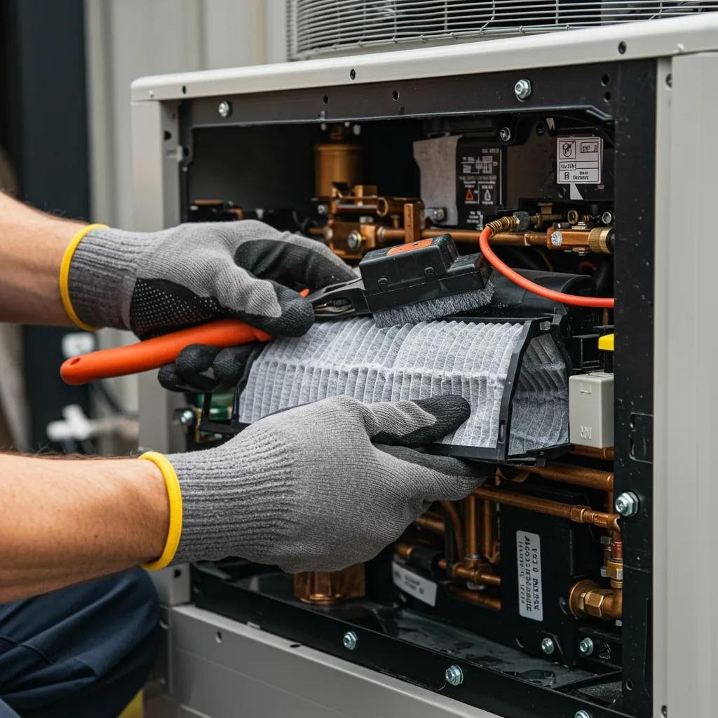 Technician performing maintenance on a heat pump, cleaning the air filter
