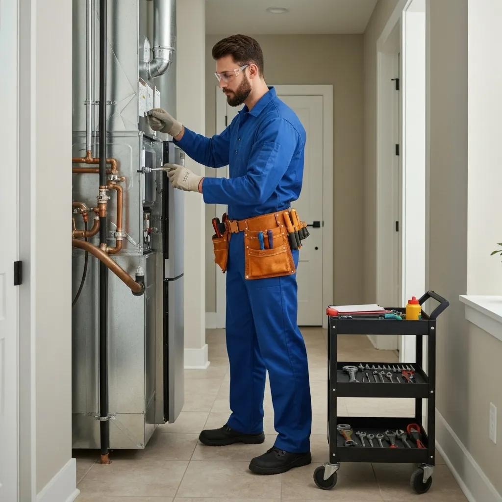 HVAC technician conducting a furnace tune-up, showcasing professional maintenance services for homeowners