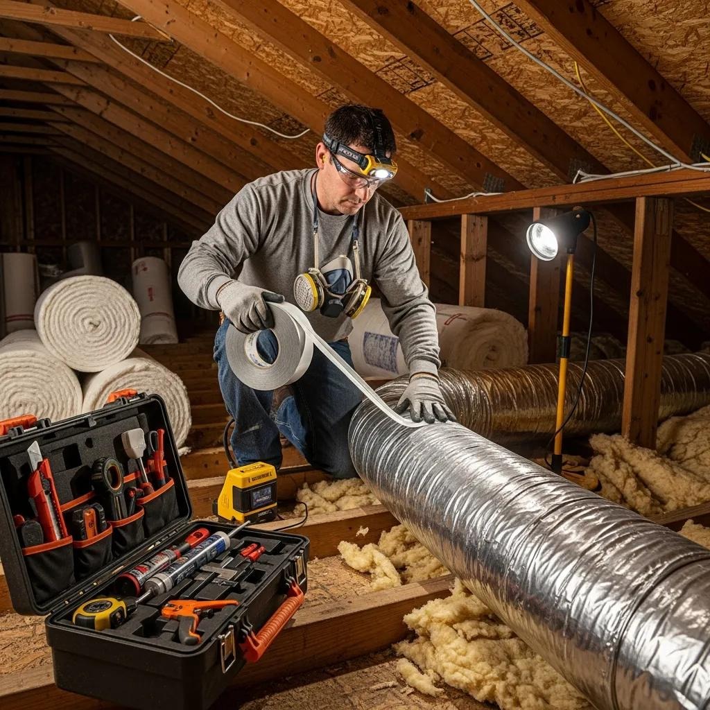 Technician sealing ducts in an attic to improve insulation and efficiency