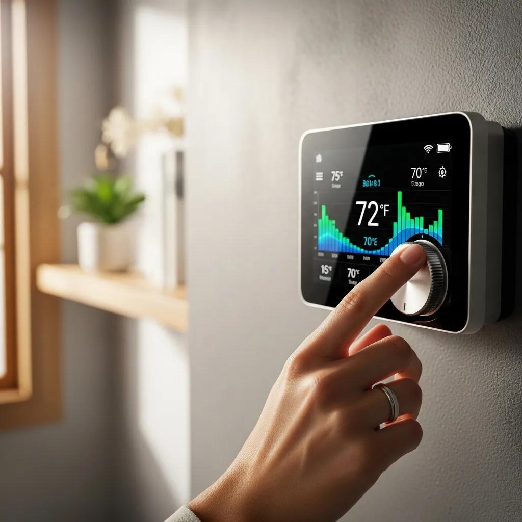 Smart thermostat close-up showing energy-saving features