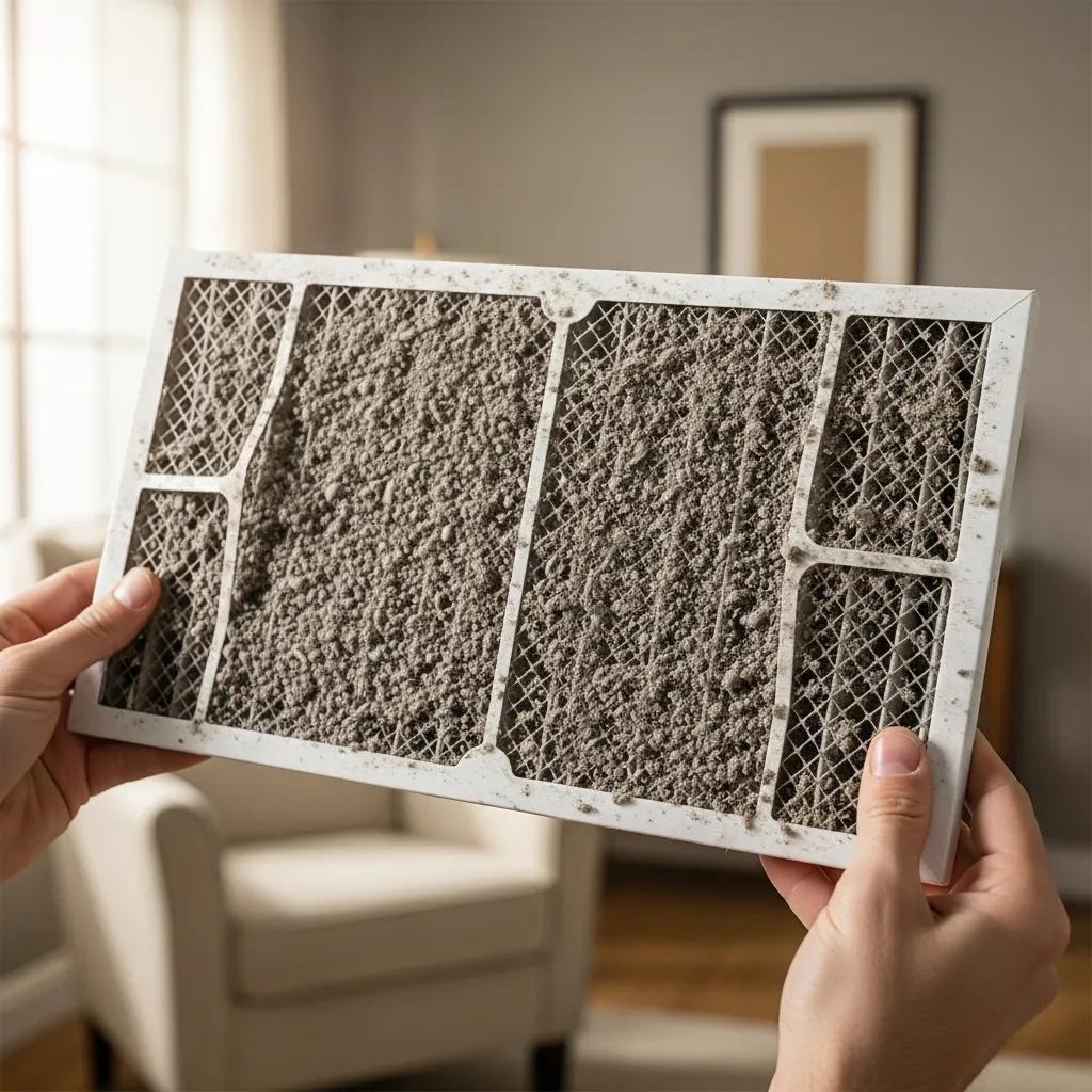 Dirty HVAC air filter showing dust and debris accumulation