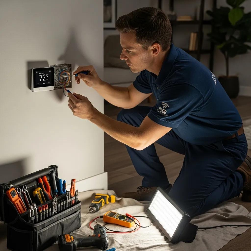 Technician installing a smart thermostat, demonstrating professional installation expertise