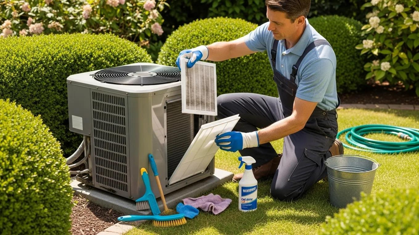 Homeowner performing maintenance on an air conditioning unit in a backyard