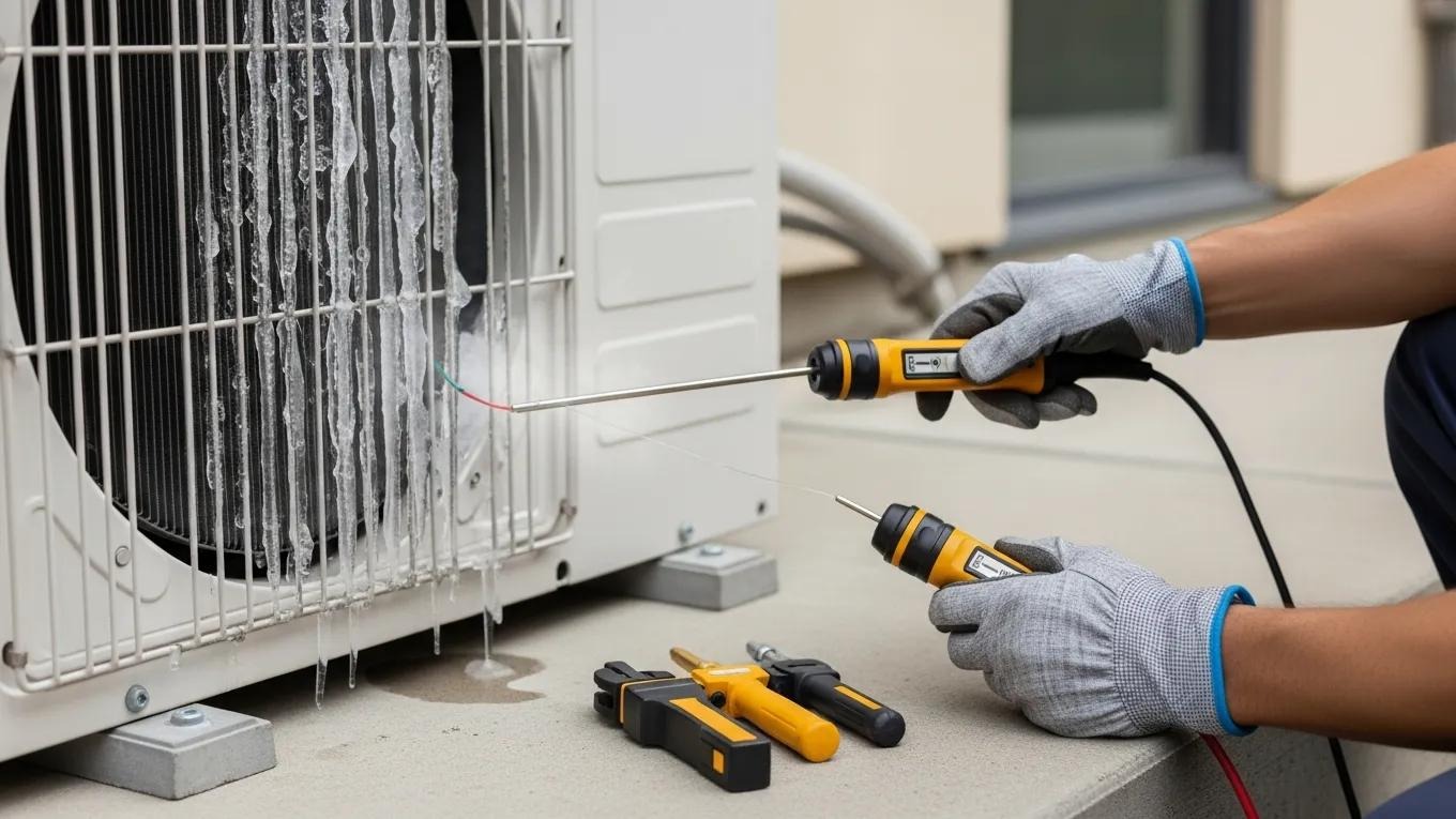 Technician identifying refrigerant leaks in an air conditioning unit