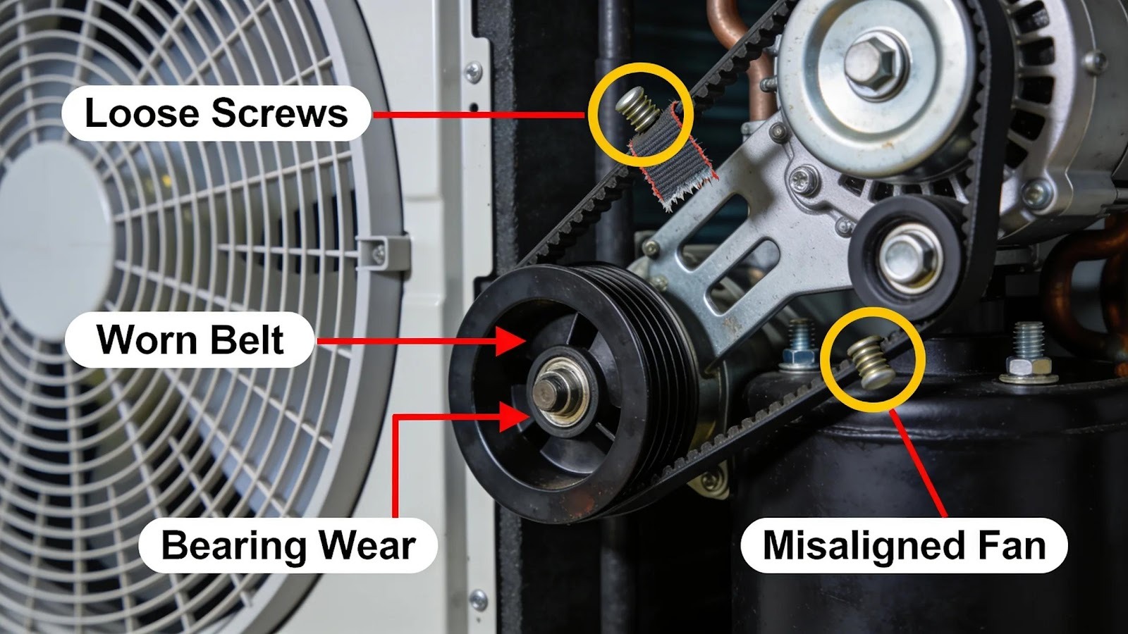 Detailed view of HVAC unit components and wear indicators related to common noise types