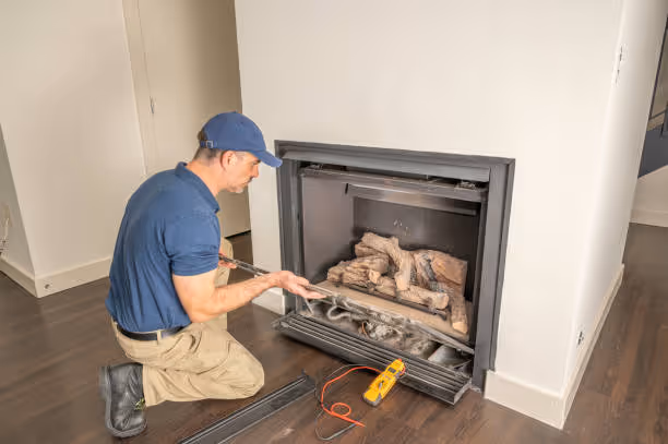 Technician inspecting gas fireplace logs with diagnostic tool