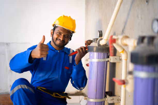 Worker in blue uniform and yellow hard hat gives thumbs up near pipes