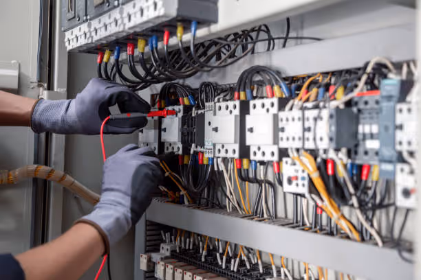 Electrician working on complex electrical panel with colorful wiring connections