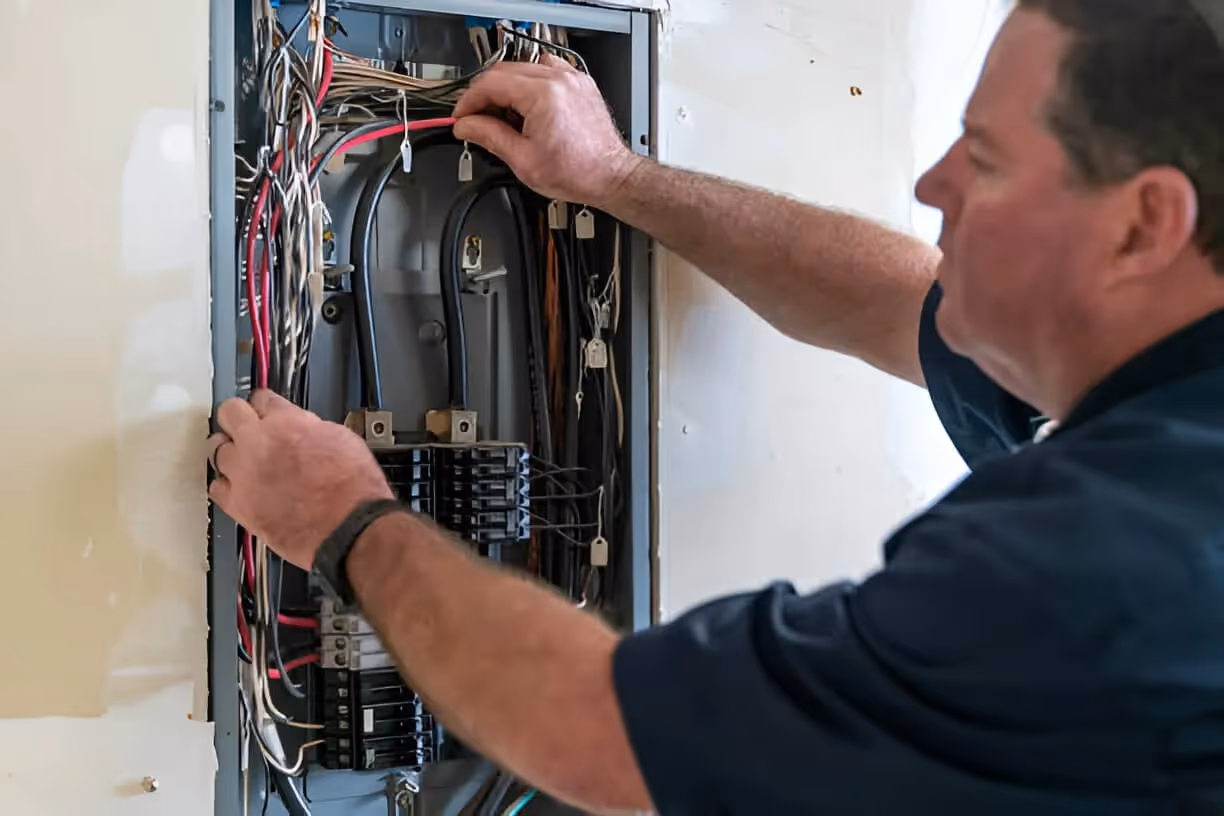 Electrician working on electrical panel with exposed wires and circuit breakers