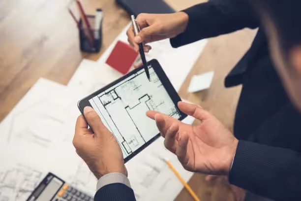 Architect reviewing floor plan on tablet with blueprints and pencils nearby