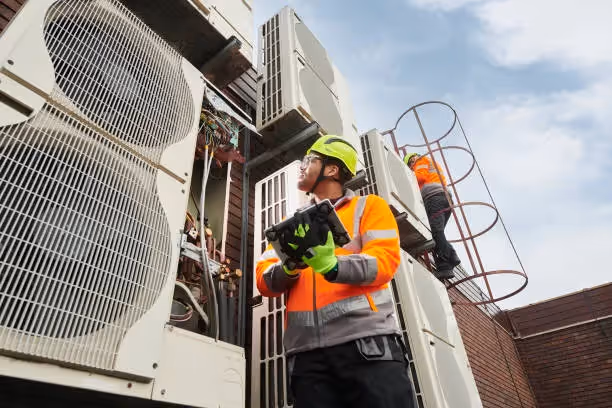 Technician in safety vest inspecting large industrial air conditioning units