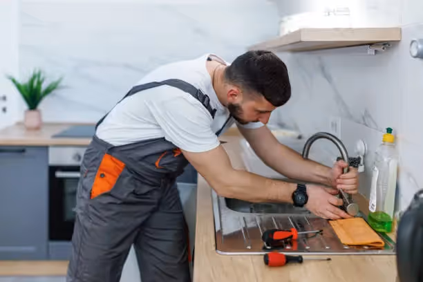 Plumber fixing kitchen sink with tools in modern kitchen