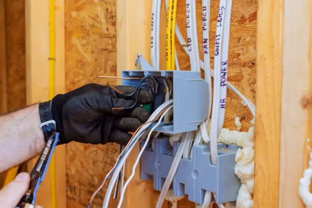 Electrician installing electrical wires in a wooden framed wall